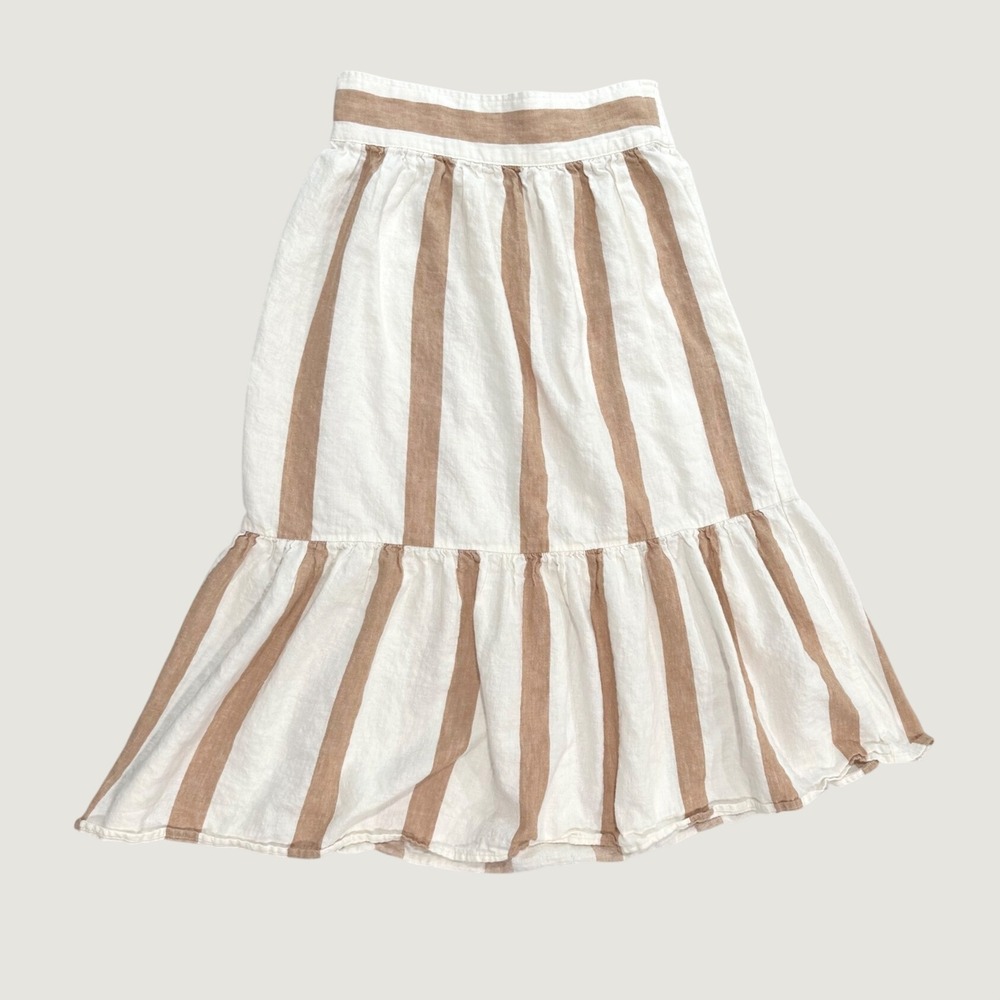 Madewell Linen Cotton Striped Smocked Waist Tiered Ruffle Midi Skirt Cream XXS